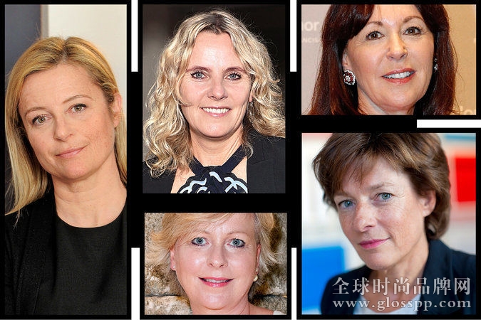 Isabelle Guichot，巴黎世家首席执行官；Sarah Crook，Christopher Kane 首席执行官；Pamela Baxter，LVMH 集团香水与化妆品事业部首席执行官及 Christian Dior 高级定制品牌总裁，负责北美业务；Patricia Barbizet，开云集团（Kering）董事会副主席及奢侈拍卖行佳士得首席执行官；Lisa Montague，Loewe 首席执行官。图片版权: Dominique Maitre / WWD Fairchild Publishing (Guichot)；Stefanie Keenan / Getty Images，Christopher Kane (Crook), Kimberly White / Getty Images，Dior, 法新社 (Baxter)；Didier Goupy (Barbizet)；John Parra / Getty Images，Loewe, 法新社 (Montague)